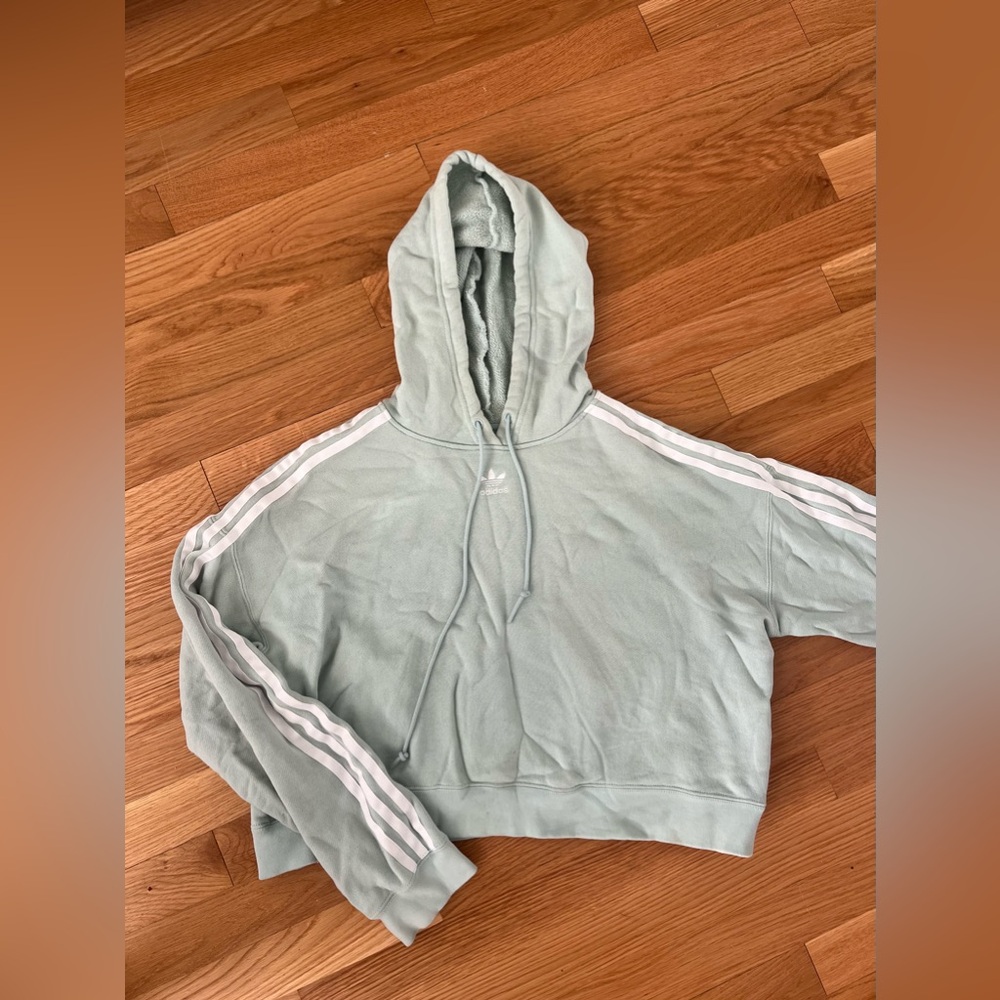 Adidas mint sage green and white striped cropped hoodie